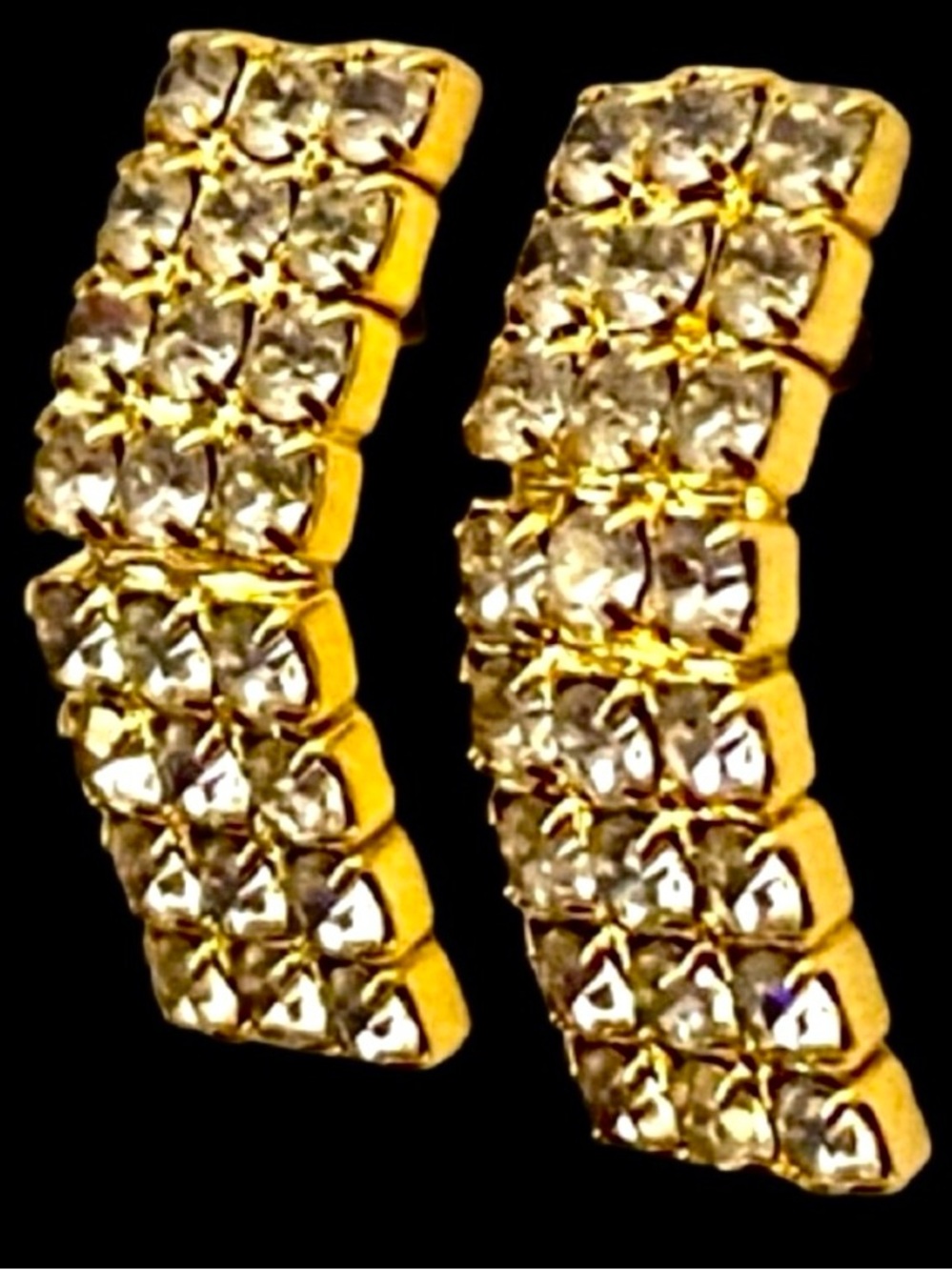 Beautiful Stud Earrings Gold Tone Metal Multiple Rows Rhinestones Curved Design